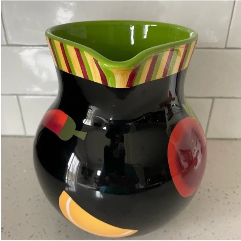 Crate&Barrel Black Red Yellow Ceramic Pitcher With Fruits